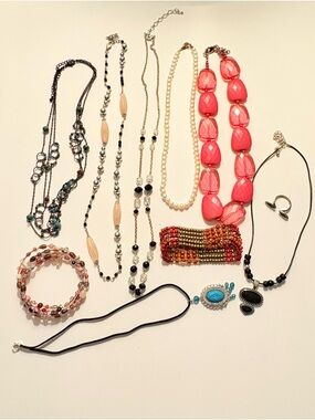 NWOT Assorted Women's Necklace Set of 10 in Pink, Black, Pearl and Turquoise